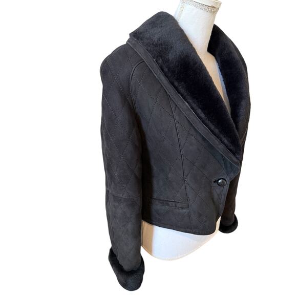 Steve by SEARLE Cropped Genuine Shearling Sheepskin Shawl Collar Jacket Black - Picture 2 of 7